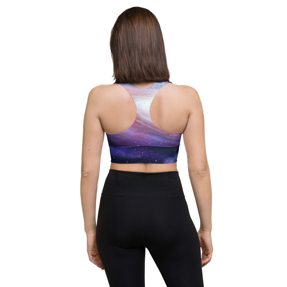 Cute Pink Galaxy Criss Cross Illusion Design Longline sports bra by Productive Slacker tm