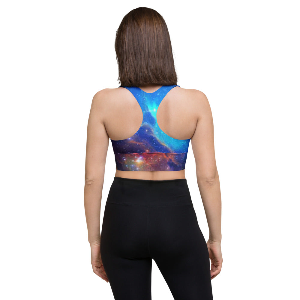 Trendy Pink and Blue Nebula Longline sports bra, Fun Celestial Sports Bra by Productive Slacker tm
