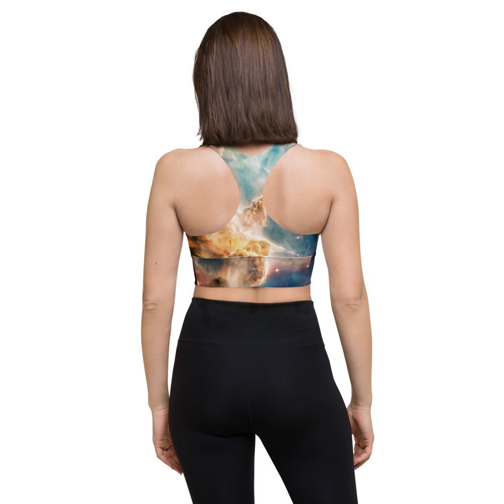 Stylish Pillars of Creation Nebula Longline Sports Bra, Celestial Sports Bra by Productive Slacker tm