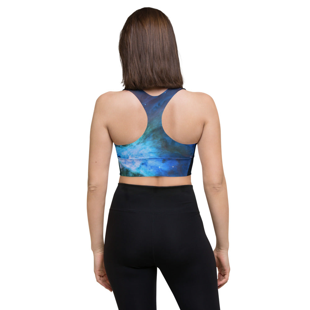 Fun Blue Nebula Star Dust Longline Sports Bra, Celestial Sports Bra by Productive Slacker