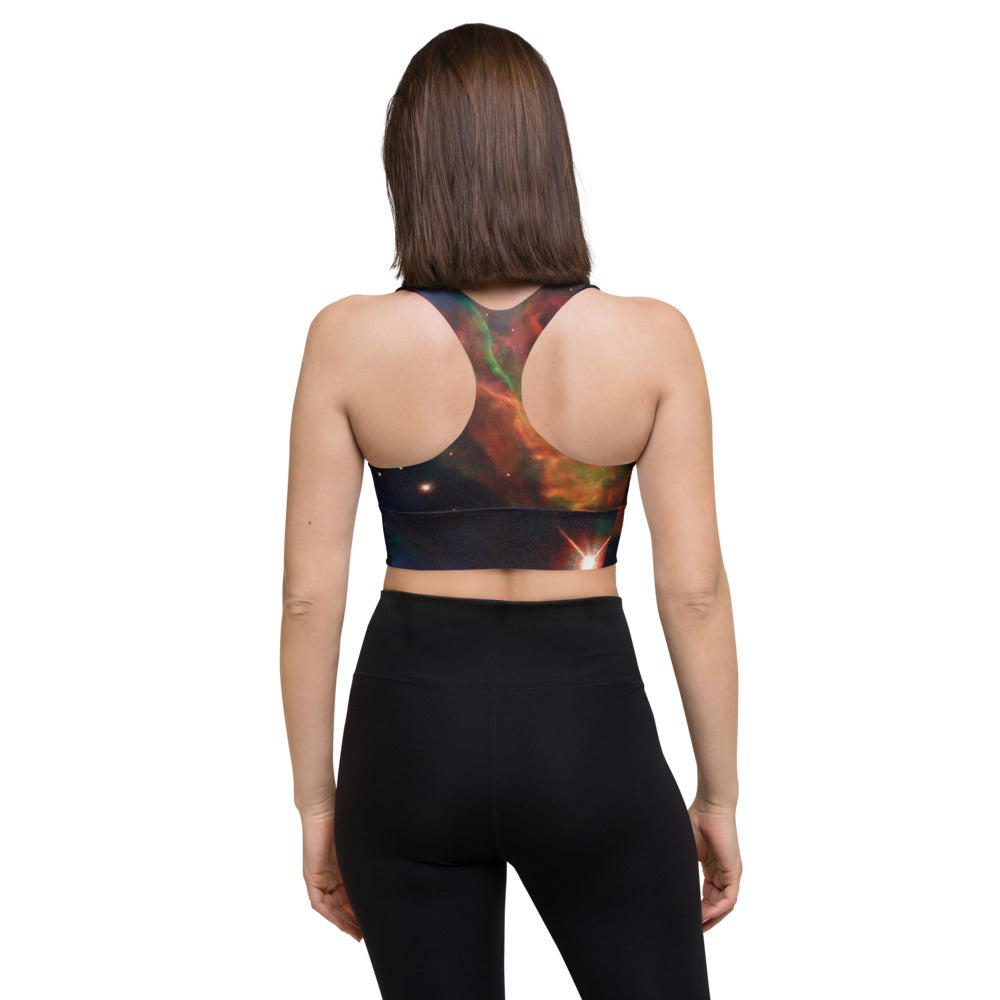 Fun Meditating Astronaut Logo Veil Nebula Longline Sports Bra, Celestial Design Sports Bra by Productive Slacker