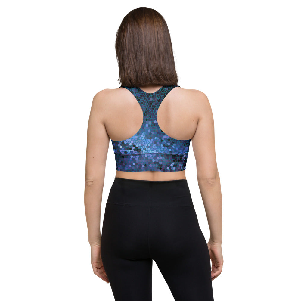 Unique Pixilated Milky Way Design Longline Sports Bra, Celestial Design Sports Bra by Productive Slacker