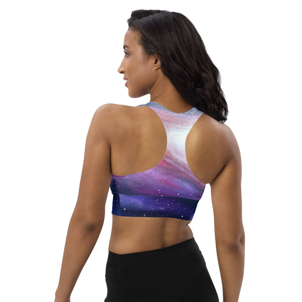 Cute Pink Galaxy Criss Cross Illusion Design Longline sports bra by Productive Slacker tm