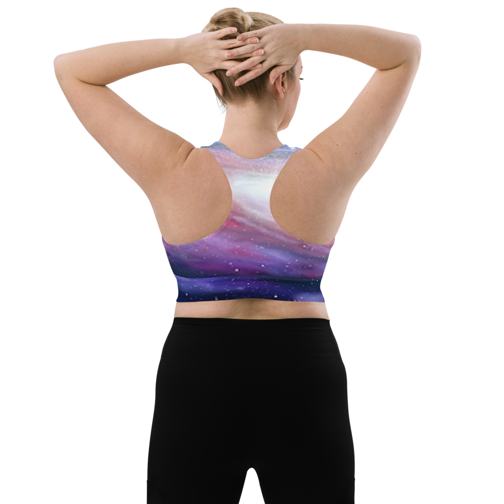 Cute Pink Galaxy Criss Cross Illusion Design Longline sports bra by Productive Slacker tm