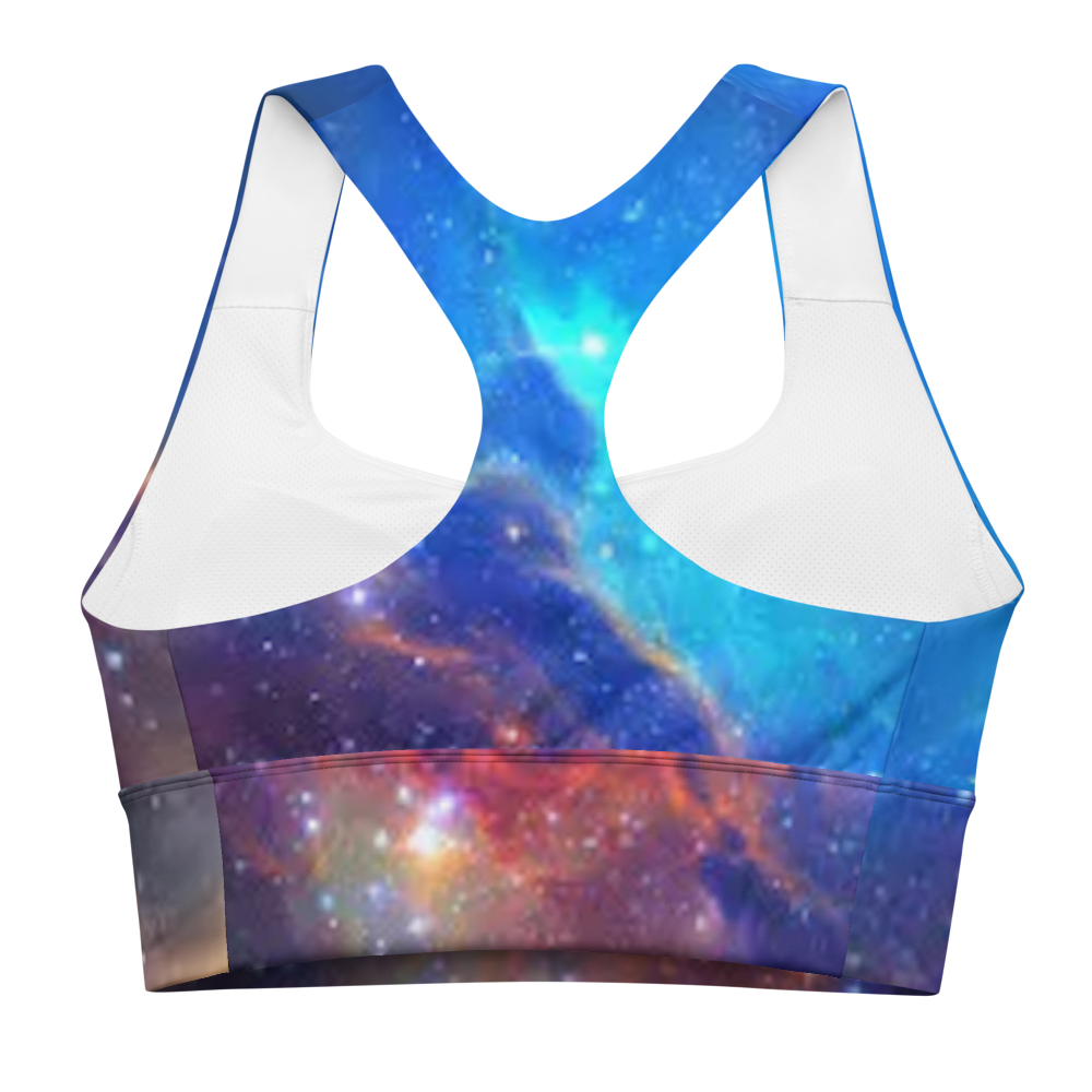 Trendy Pink and Blue Nebula Longline sports bra, Fun Celestial Sports Bra by Productive Slacker tm