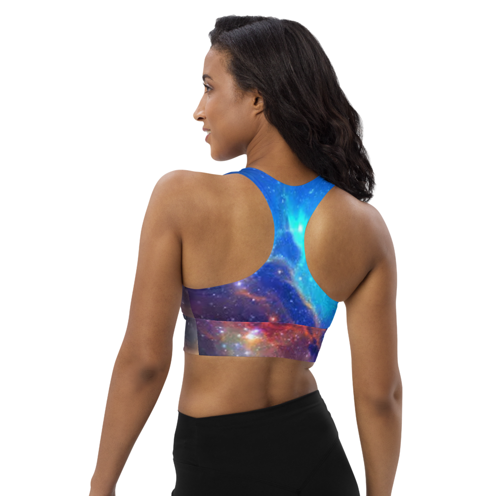 Trendy Pink and Blue Nebula Longline sports bra, Fun Celestial Sports Bra by Productive Slacker tm