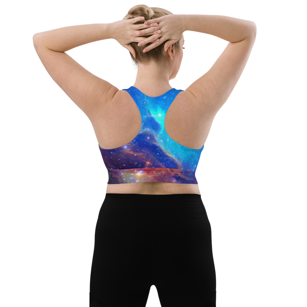Trendy Pink and Blue Nebula Longline sports bra, Fun Celestial Sports Bra by Productive Slacker tm