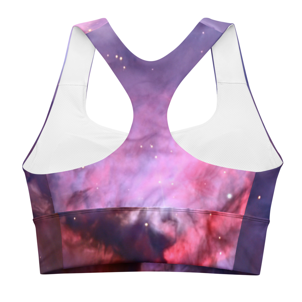 Alluring Pink Orion Nebula Longline Sports Bra, Cute Celestial Sports Bra by Productive Slacker