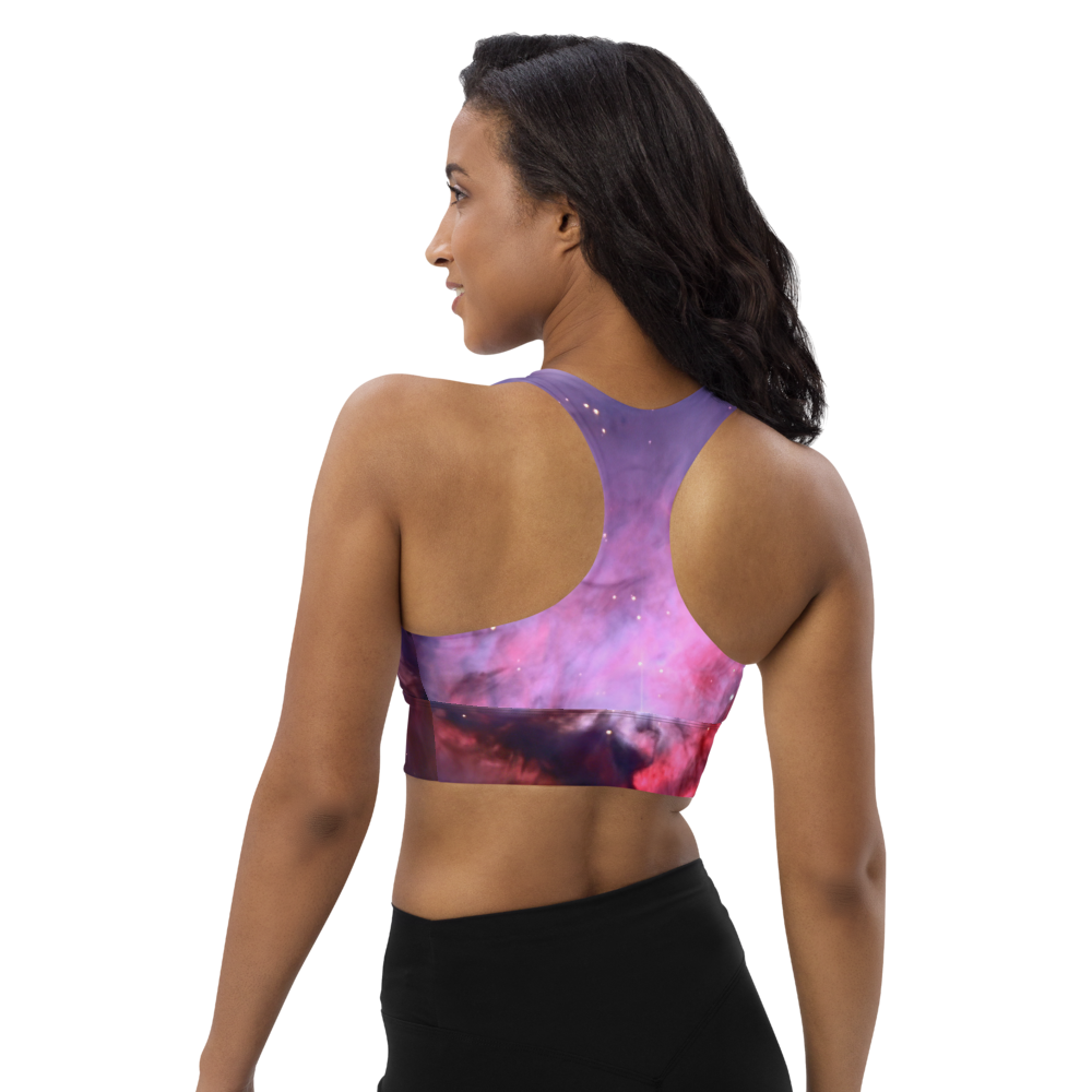 Alluring Pink Orion Nebula Longline Sports Bra, Cute Celestial Sports Bra by Productive Slacker
