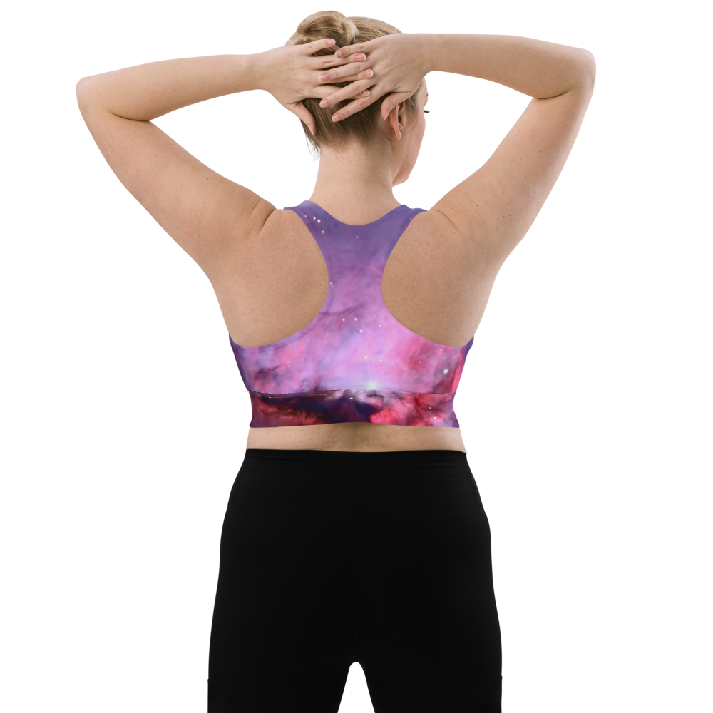 Alluring Pink Orion Nebula Longline Sports Bra, Cute Celestial Sports Bra by Productive Slacker