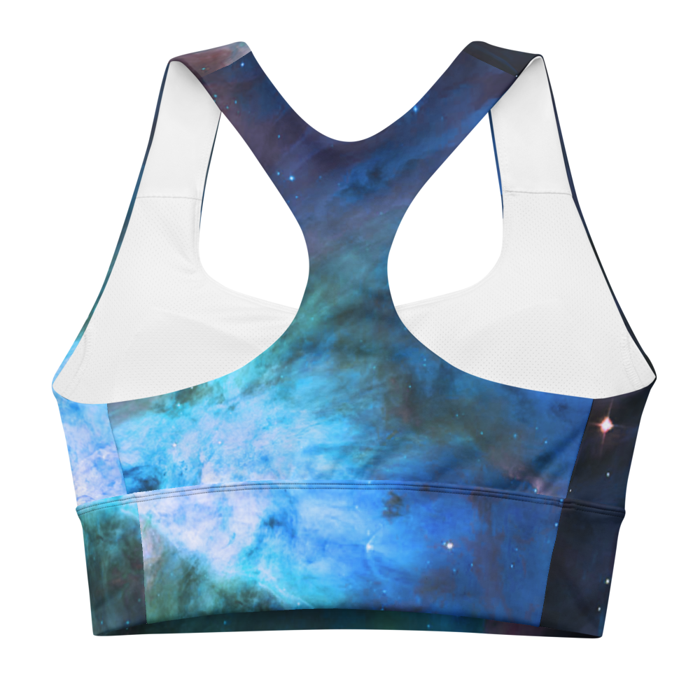 Fun Blue Nebula Star Dust Longline Sports Bra, Celestial Sports Bra by Productive Slacker