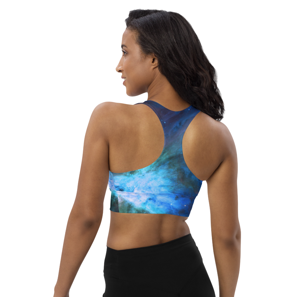 Fun Blue Nebula Star Dust Longline Sports Bra, Celestial Sports Bra by Productive Slacker