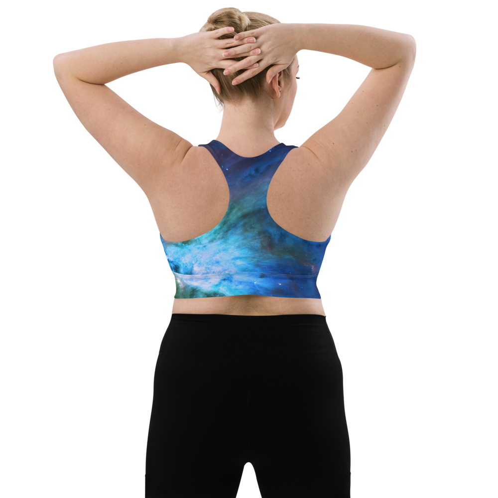 Fun Blue Nebula Star Dust Longline Sports Bra, Celestial Sports Bra by Productive Slacker