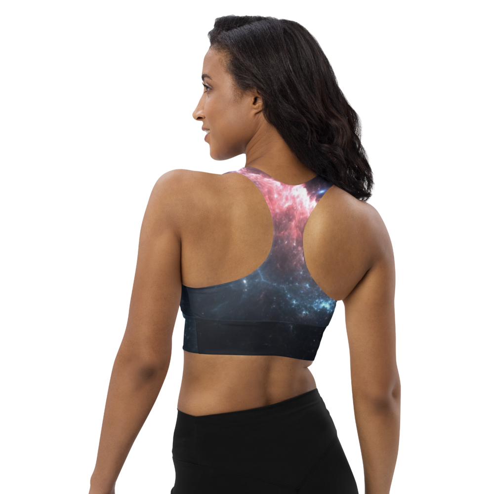 Stylish and Fun Dark Nebula Longline Sports Bra, Celestial Designed Sports Bra by Productive Slacker