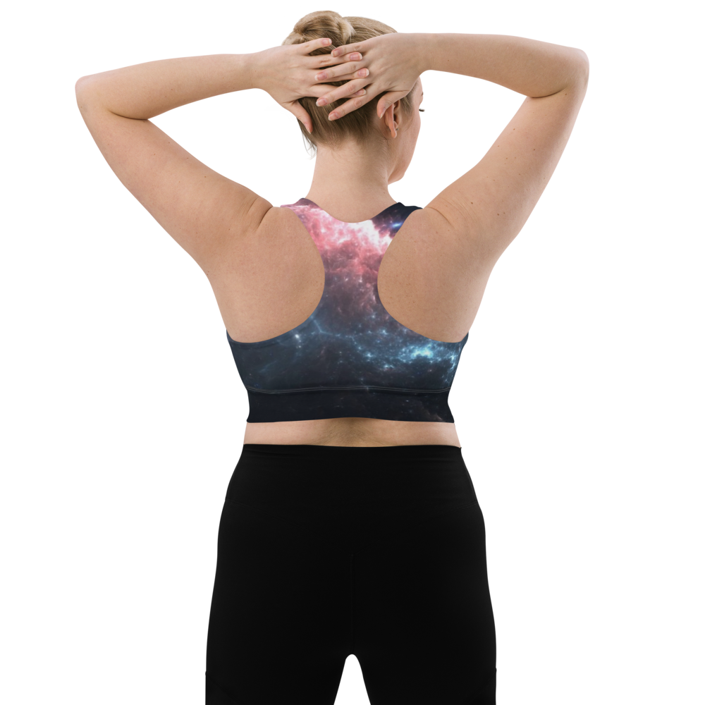 Stylish and Fun Dark Nebula Longline Sports Bra, Celestial Designed Sports Bra by Productive Slacker
