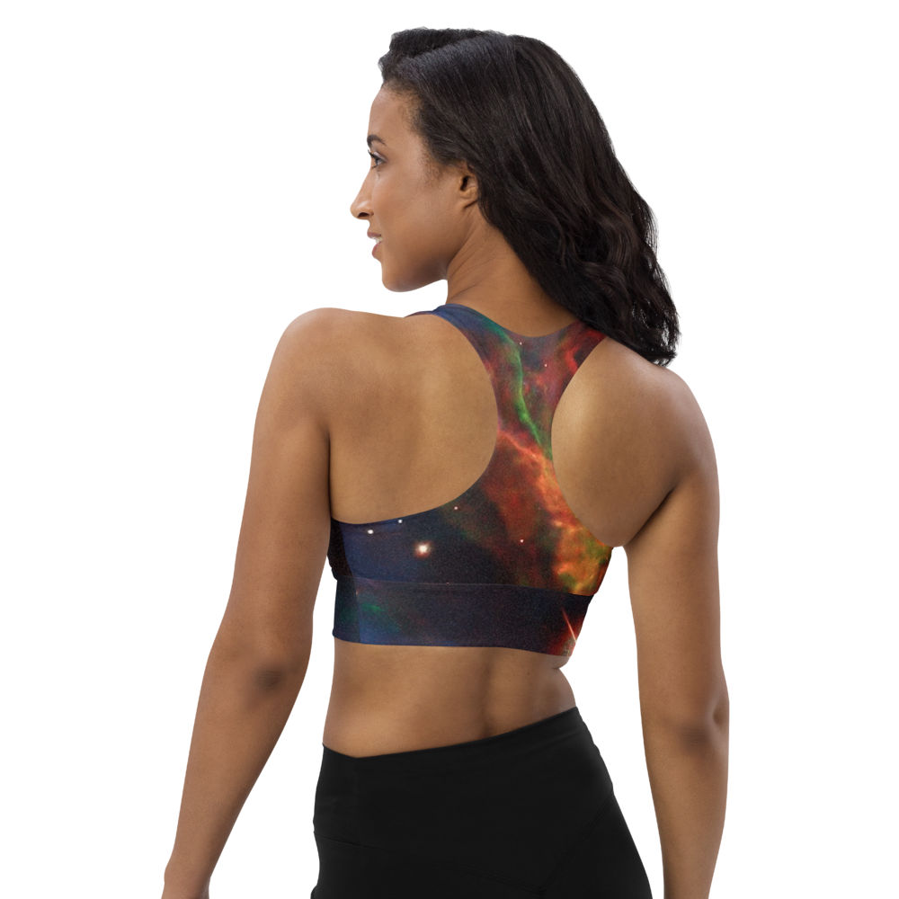 Fun Meditating Astronaut Logo Veil Nebula Longline Sports Bra, Celestial Design Sports Bra by Productive Slacker