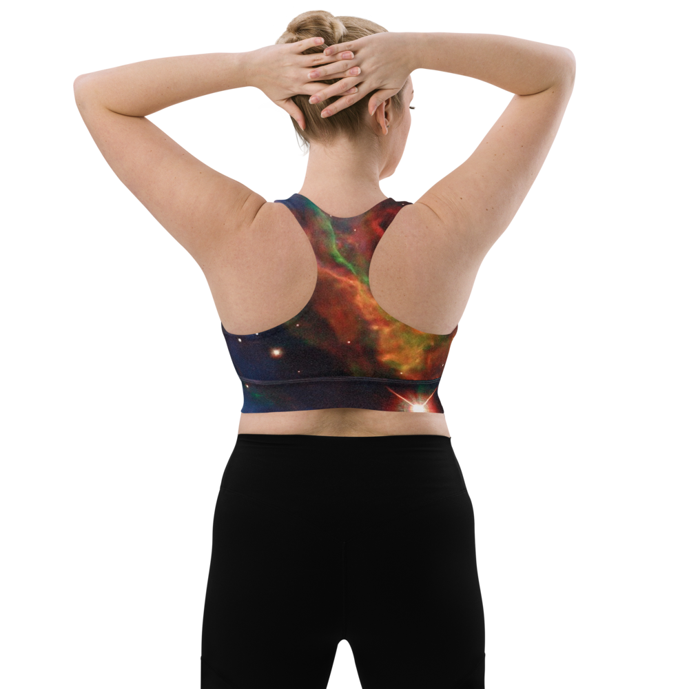 Fun Meditating Astronaut Logo Veil Nebula Longline Sports Bra, Celestial Design Sports Bra by Productive Slacker