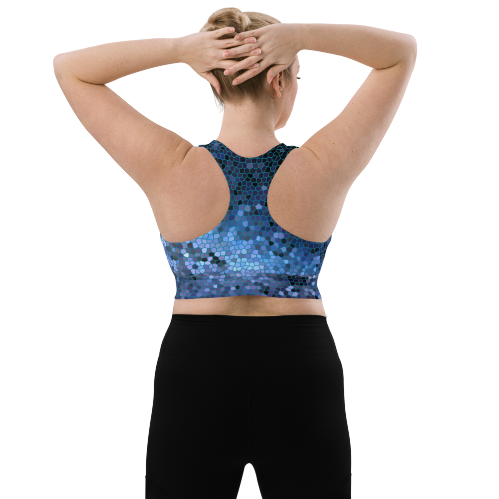 Unique Pixilated Milky Way Design Longline Sports Bra, Celestial Design Sports Bra by Productive Slacker