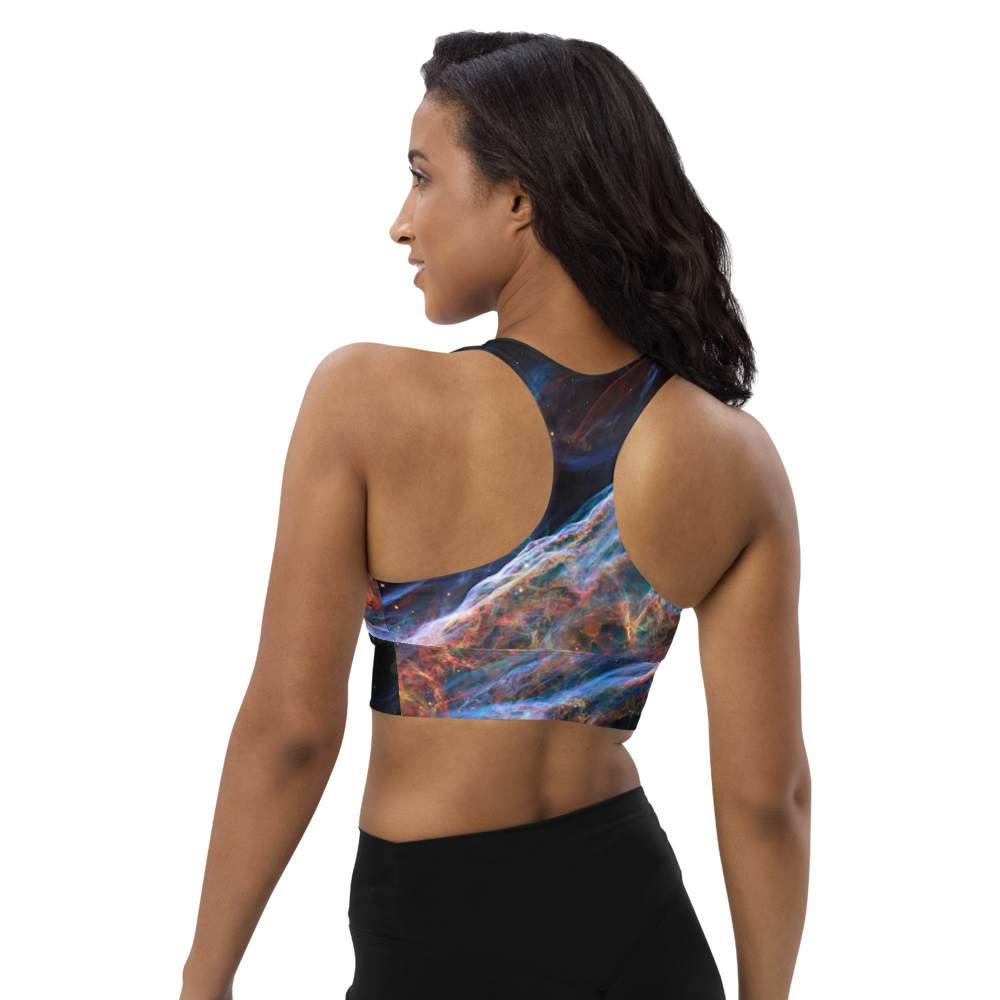 Stunning and Sexy Veil Nebula Longline Sports Bra, Celestial Design Sports Bra