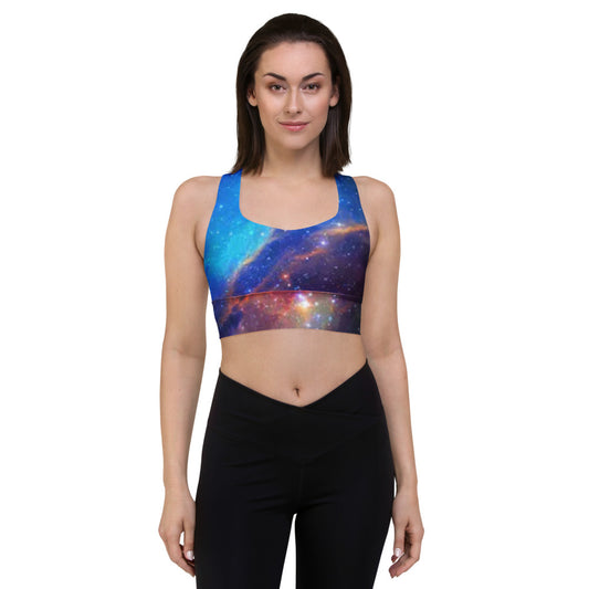 Trendy Pink and Blue Nebula Longline sports bra, Fun Celestial Sports Bra by Productive Slacker tm