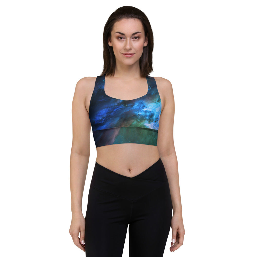 Fun Blue Nebula Star Dust Longline Sports Bra, Celestial Sports Bra by Productive Slacker