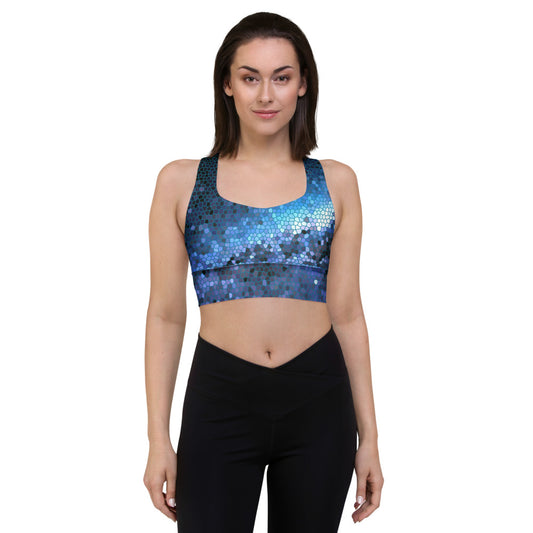 Unique Pixilated Milky Way Design Longline Sports Bra, Celestial Design Sports Bra by Productive Slacker