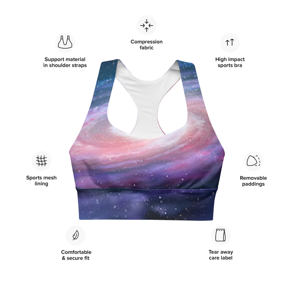 Cute Pink Galaxy Criss Cross Illusion Design Longline sports bra by Productive Slacker tm
