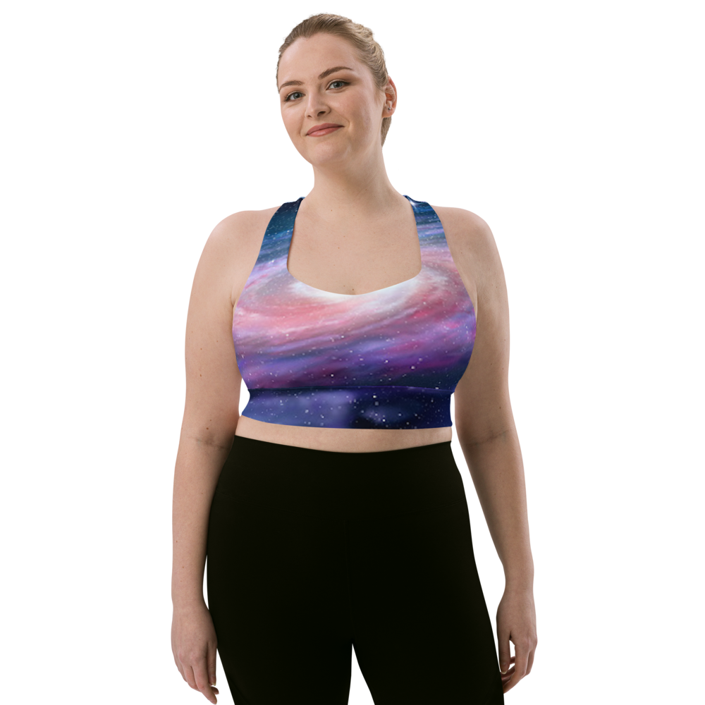 Cute Pink Galaxy Criss Cross Illusion Design Longline sports bra by Productive Slacker tm