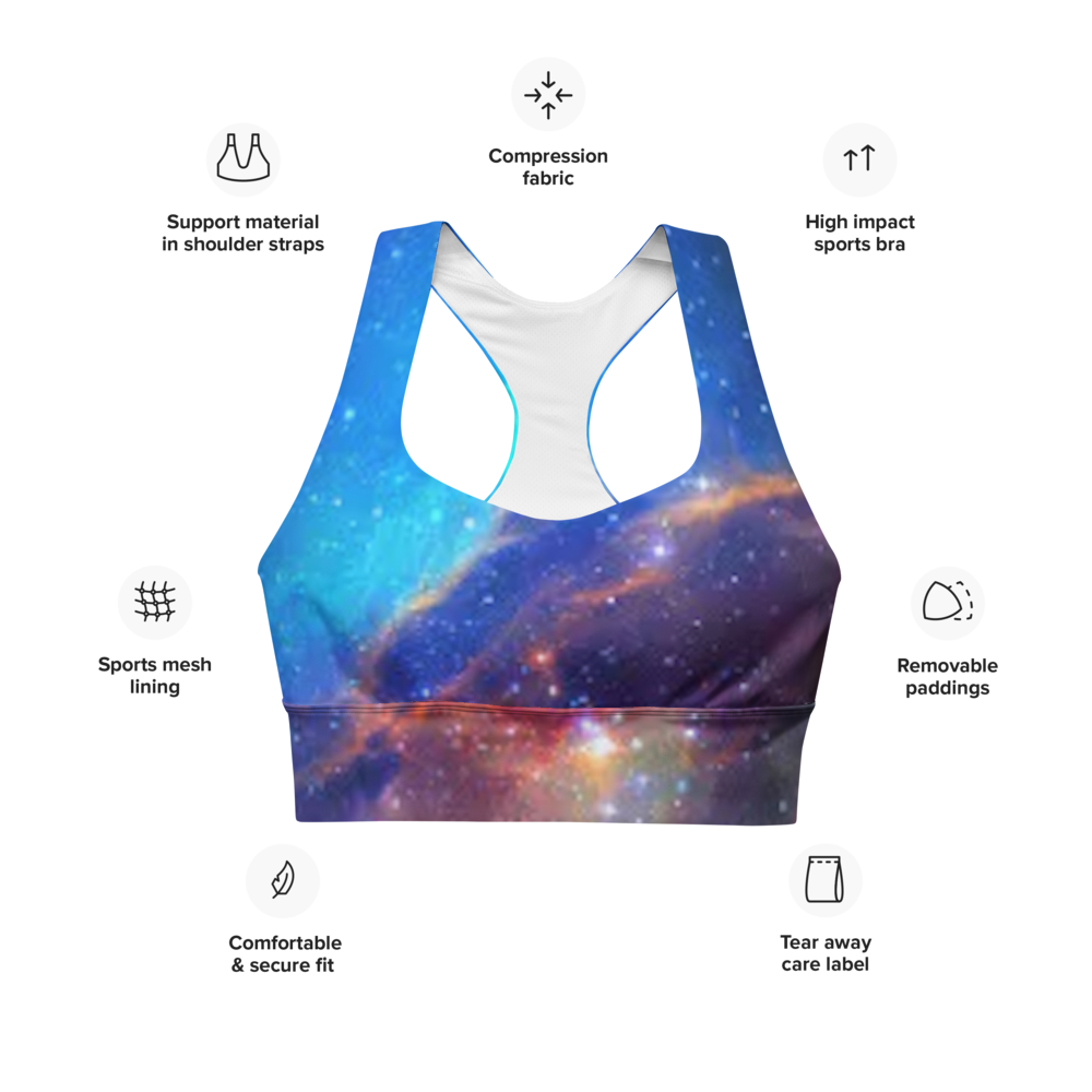 Trendy Pink and Blue Nebula Longline sports bra, Fun Celestial Sports Bra by Productive Slacker tm