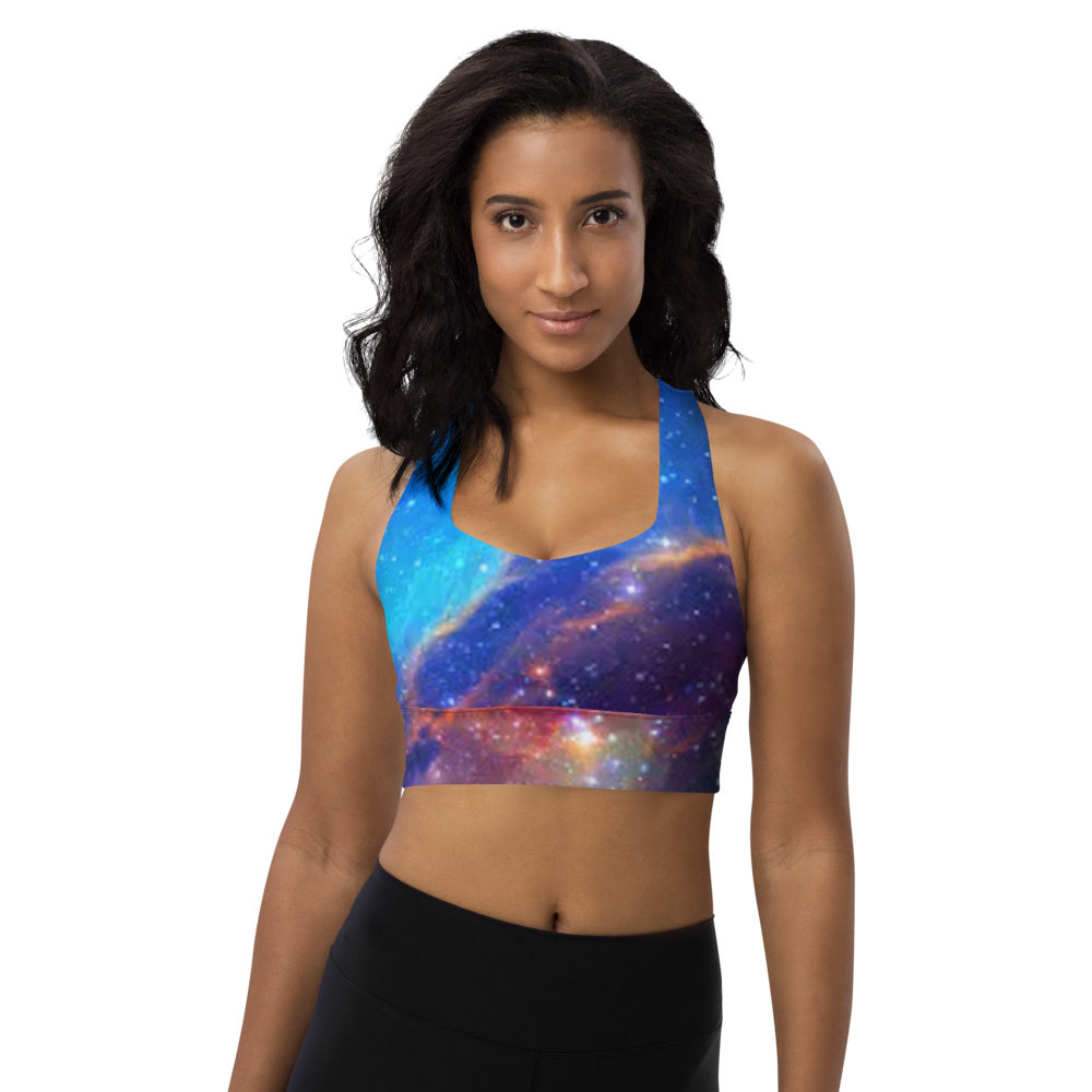 Trendy Pink and Blue Nebula Longline sports bra, Fun Celestial Sports Bra by Productive Slacker tm