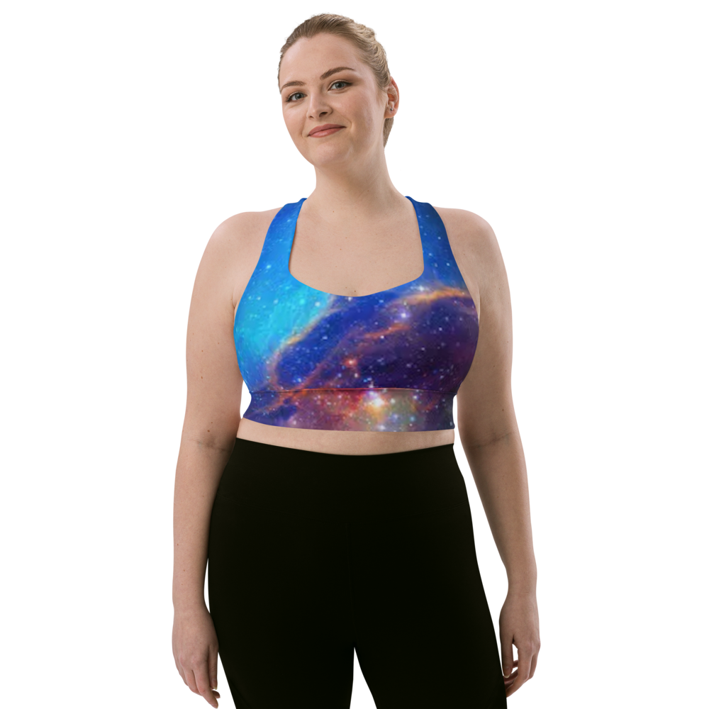Trendy Pink and Blue Nebula Longline sports bra, Fun Celestial Sports Bra by Productive Slacker tm