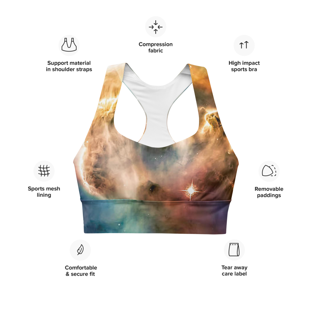 Stylish Pillars of Creation Nebula Longline Sports Bra, Celestial Sports Bra by Productive Slacker tm