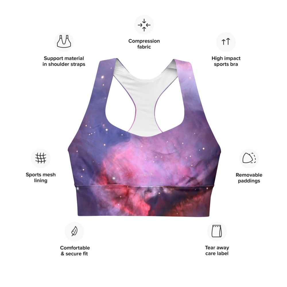 Alluring Pink Orion Nebula Longline Sports Bra, Cute Celestial Sports Bra by Productive Slacker