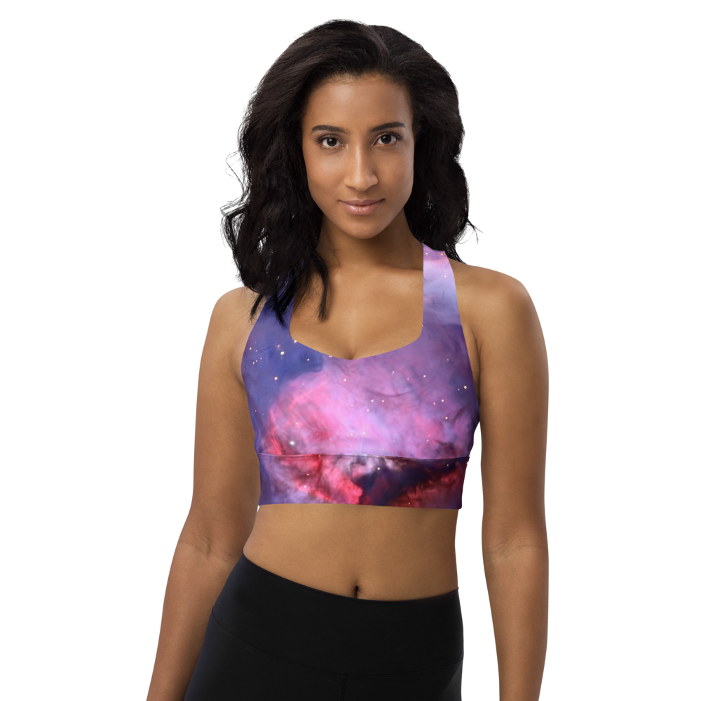 Alluring Pink Orion Nebula Longline Sports Bra, Cute Celestial Sports Bra by Productive Slacker