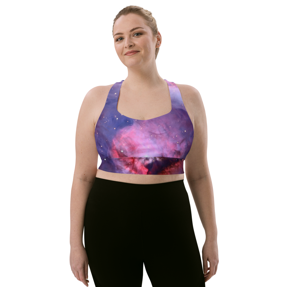 Alluring Pink Orion Nebula Longline Sports Bra, Cute Celestial Sports Bra by Productive Slacker