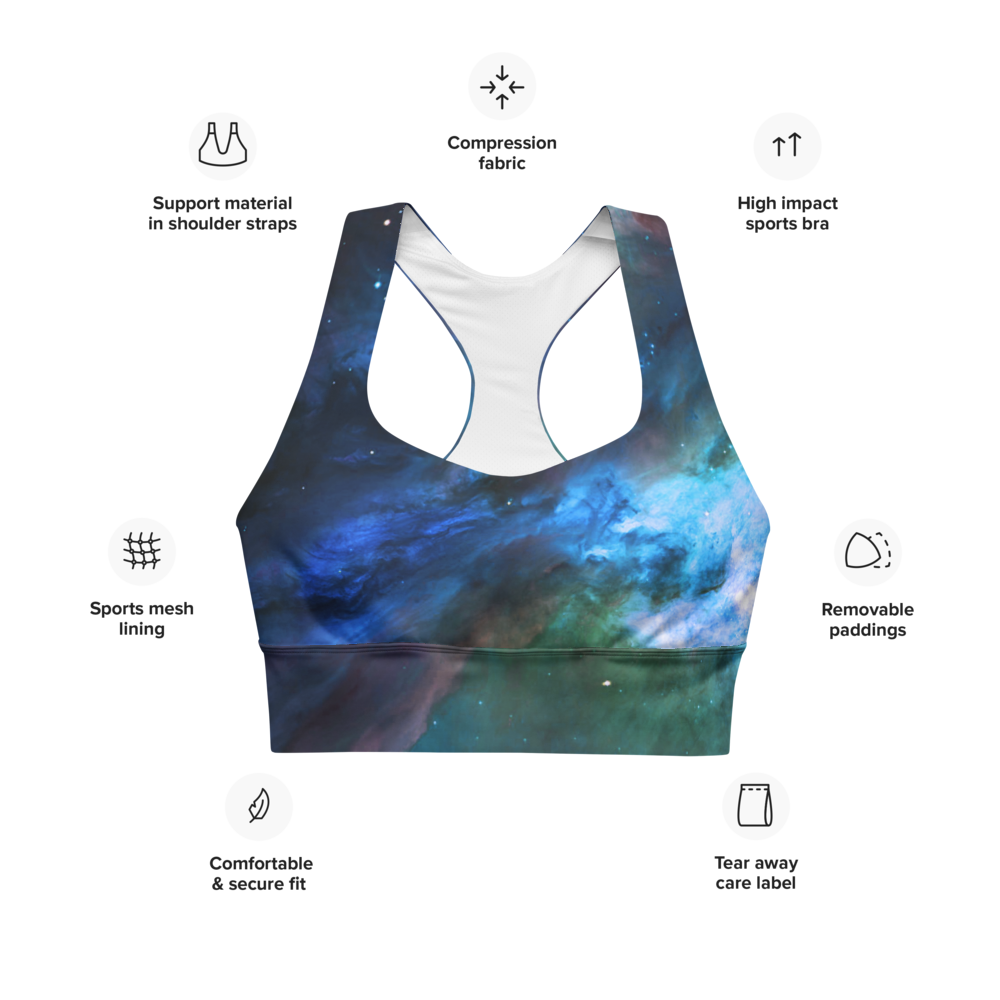 Fun Blue Nebula Star Dust Longline Sports Bra, Celestial Sports Bra by Productive Slacker