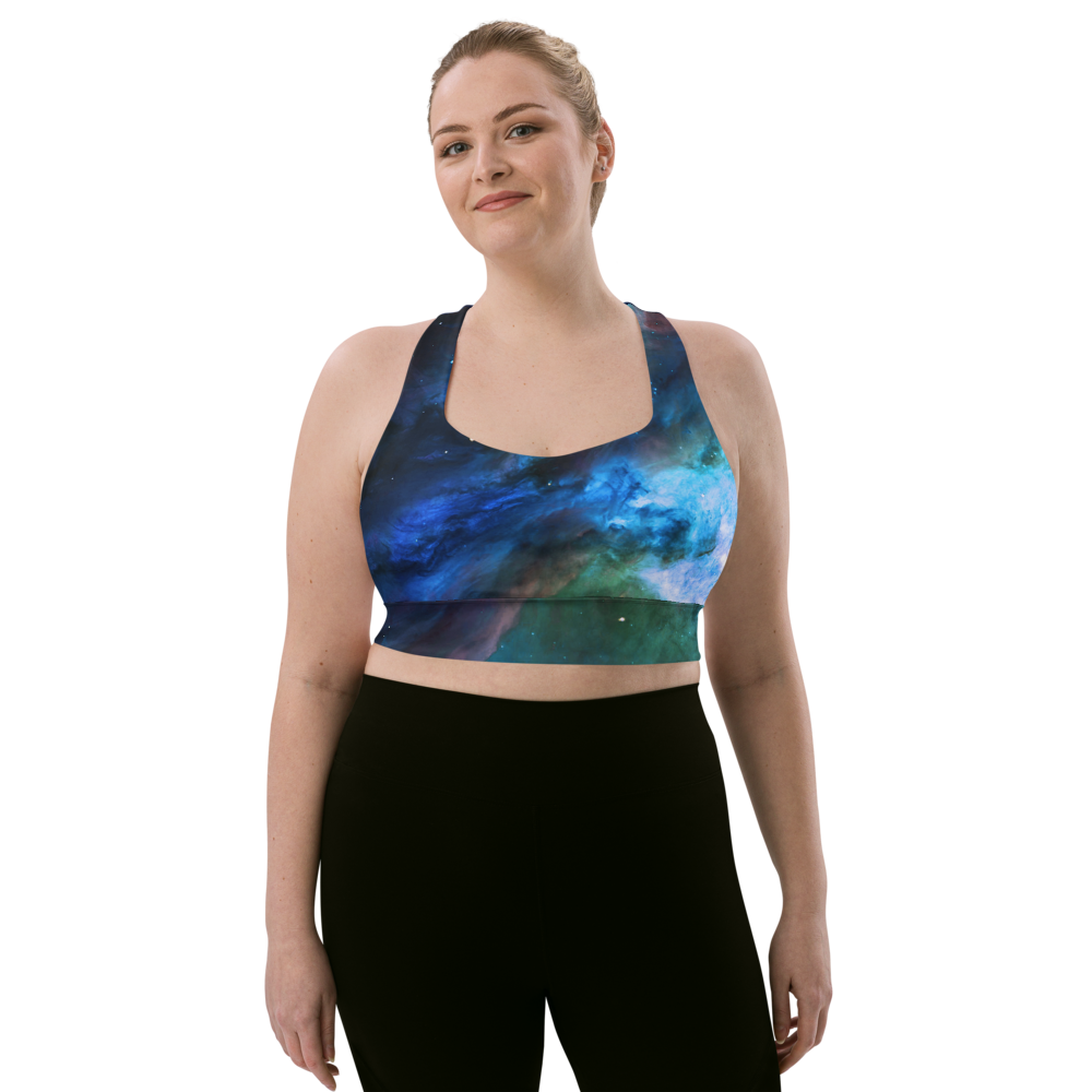 Fun Blue Nebula Star Dust Longline Sports Bra, Celestial Sports Bra by Productive Slacker