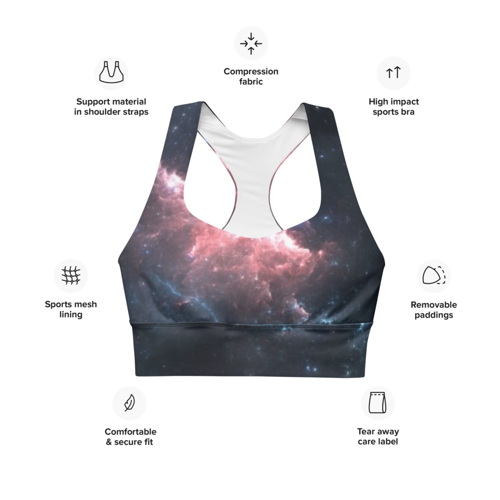 Stylish and Fun Dark Nebula Longline Sports Bra, Celestial Designed Sports Bra by Productive Slacker