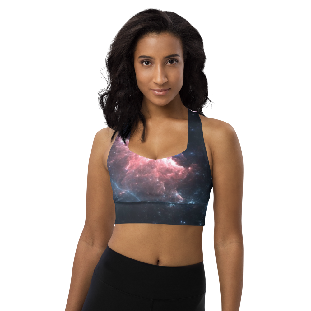Stylish and Fun Dark Nebula Longline Sports Bra, Celestial Designed Sports Bra by Productive Slacker