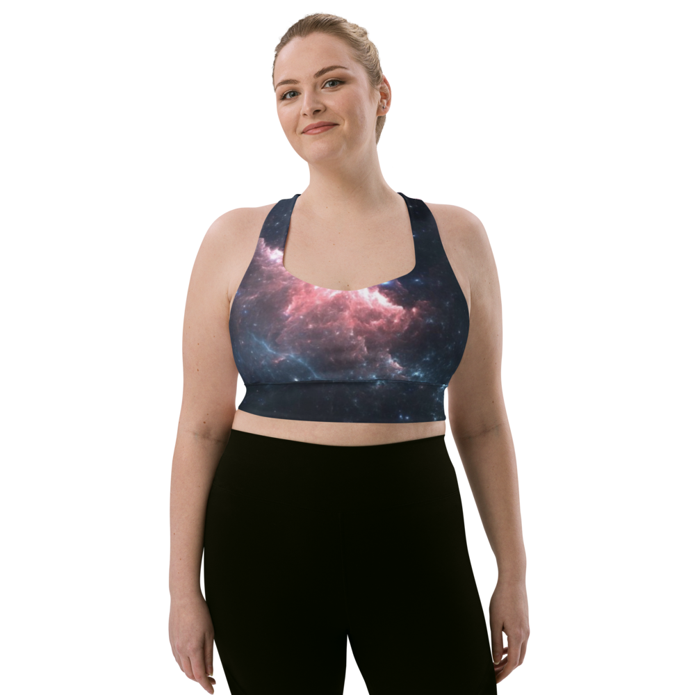 Stylish and Fun Dark Nebula Longline Sports Bra, Celestial Designed Sports Bra by Productive Slacker