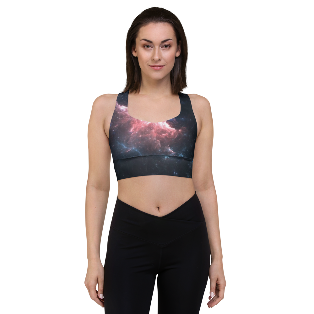 Stylish and Fun Dark Nebula Longline Sports Bra, Celestial Designed Sports Bra by Productive Slacker