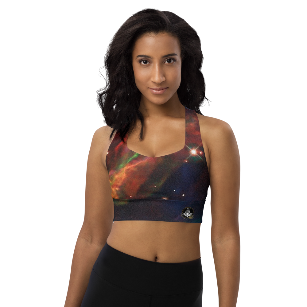 Fun Meditating Astronaut Logo Veil Nebula Longline Sports Bra, Celestial Design Sports Bra by Productive Slacker