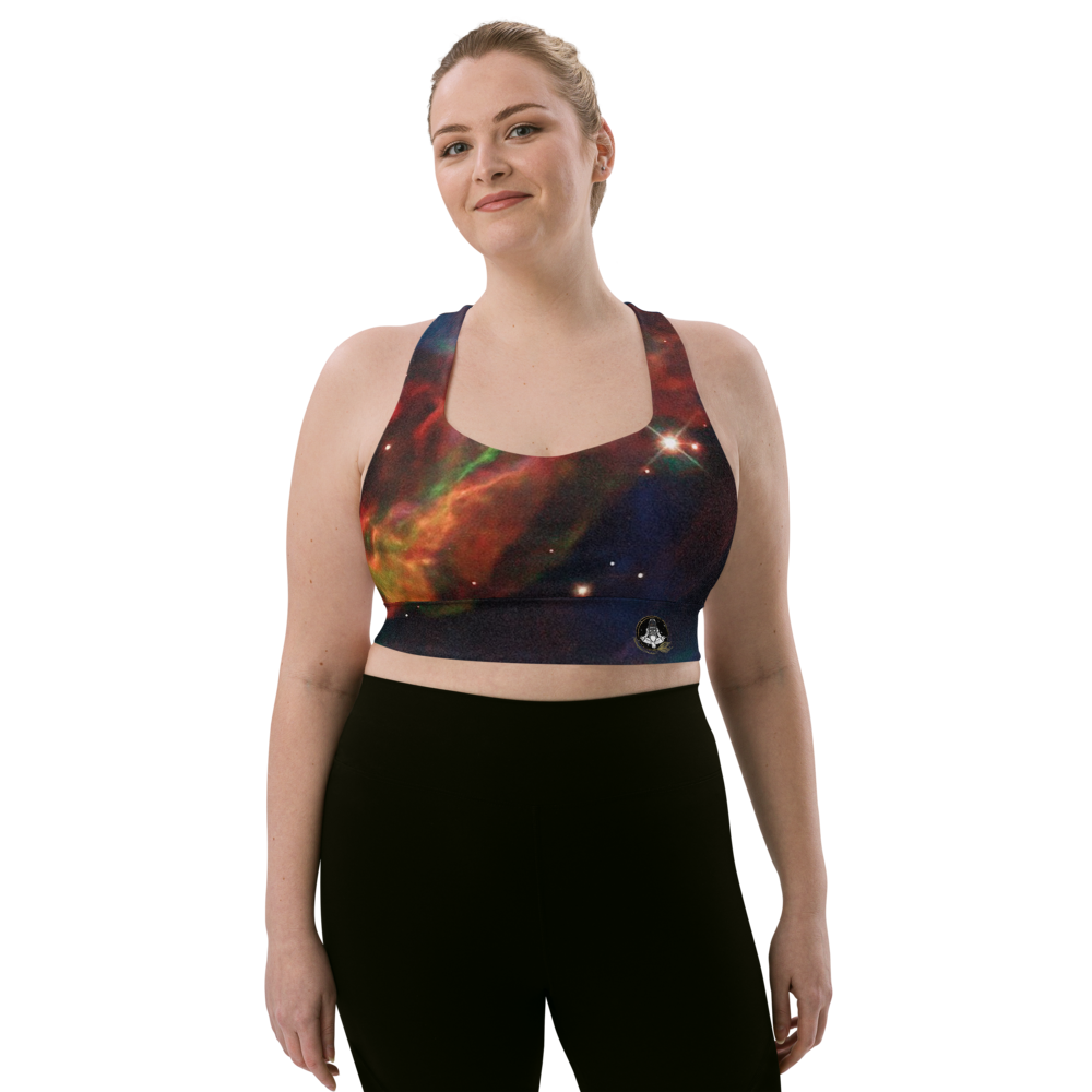 Fun Meditating Astronaut Logo Veil Nebula Longline Sports Bra, Celestial Design Sports Bra by Productive Slacker