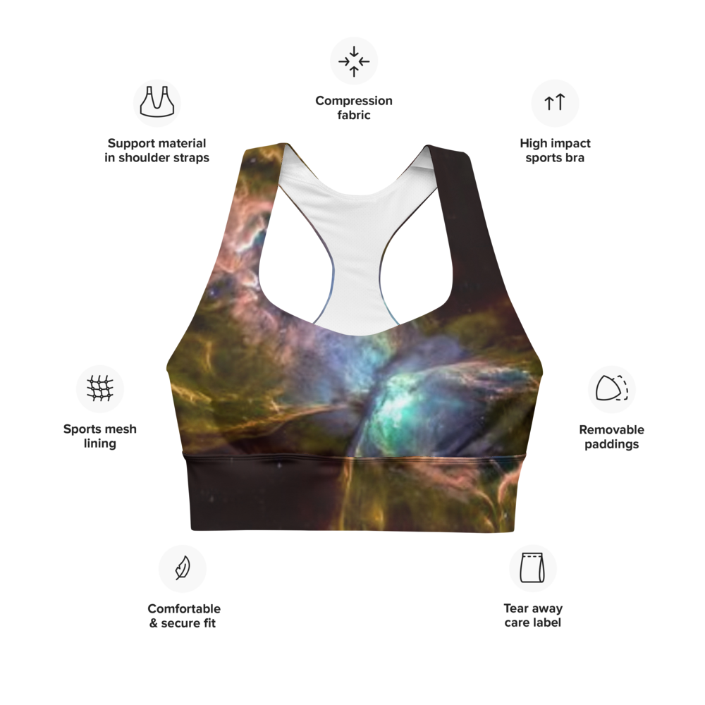 Stunning Butterfly Nebula Longline Sports Bra, Celestial Design Sports Bra by Productive Slacker