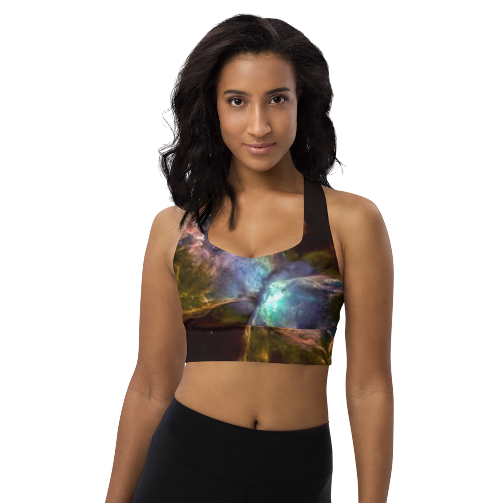 Stunning Butterfly Nebula Longline Sports Bra, Celestial Design Sports Bra by Productive Slacker