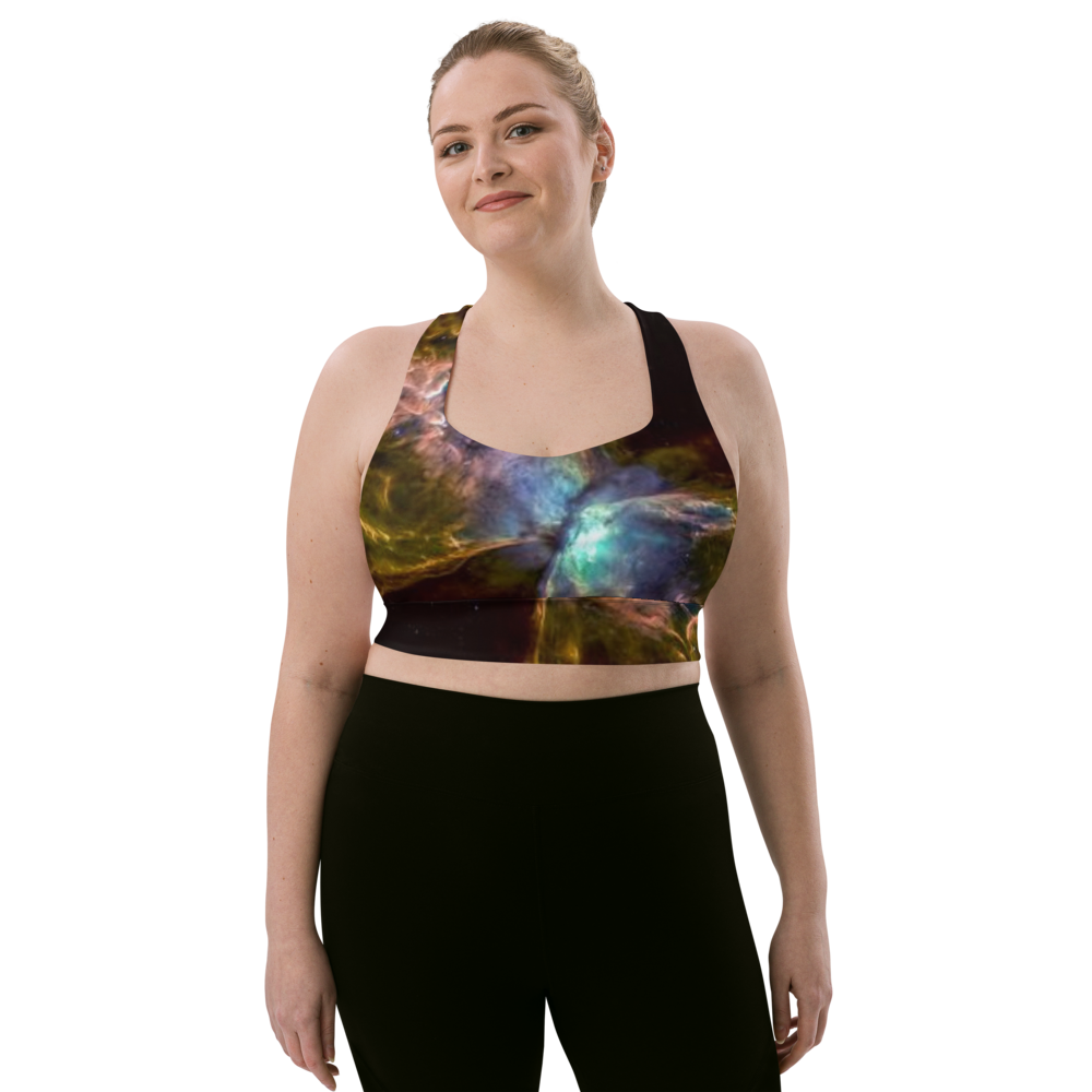 Stunning Butterfly Nebula Longline Sports Bra, Celestial Design Sports Bra by Productive Slacker