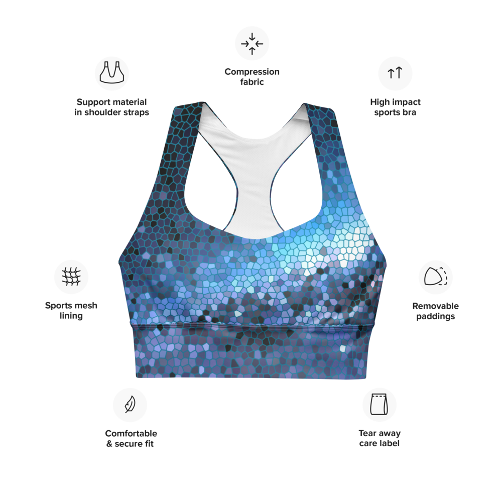 Unique Pixilated Milky Way Design Longline Sports Bra, Celestial Design Sports Bra by Productive Slacker