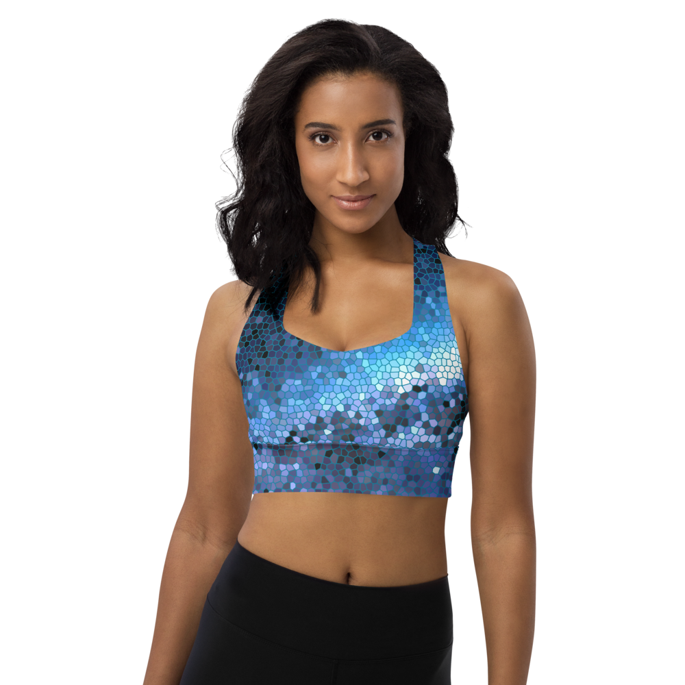 Unique Pixilated Milky Way Design Longline Sports Bra, Celestial Design Sports Bra by Productive Slacker