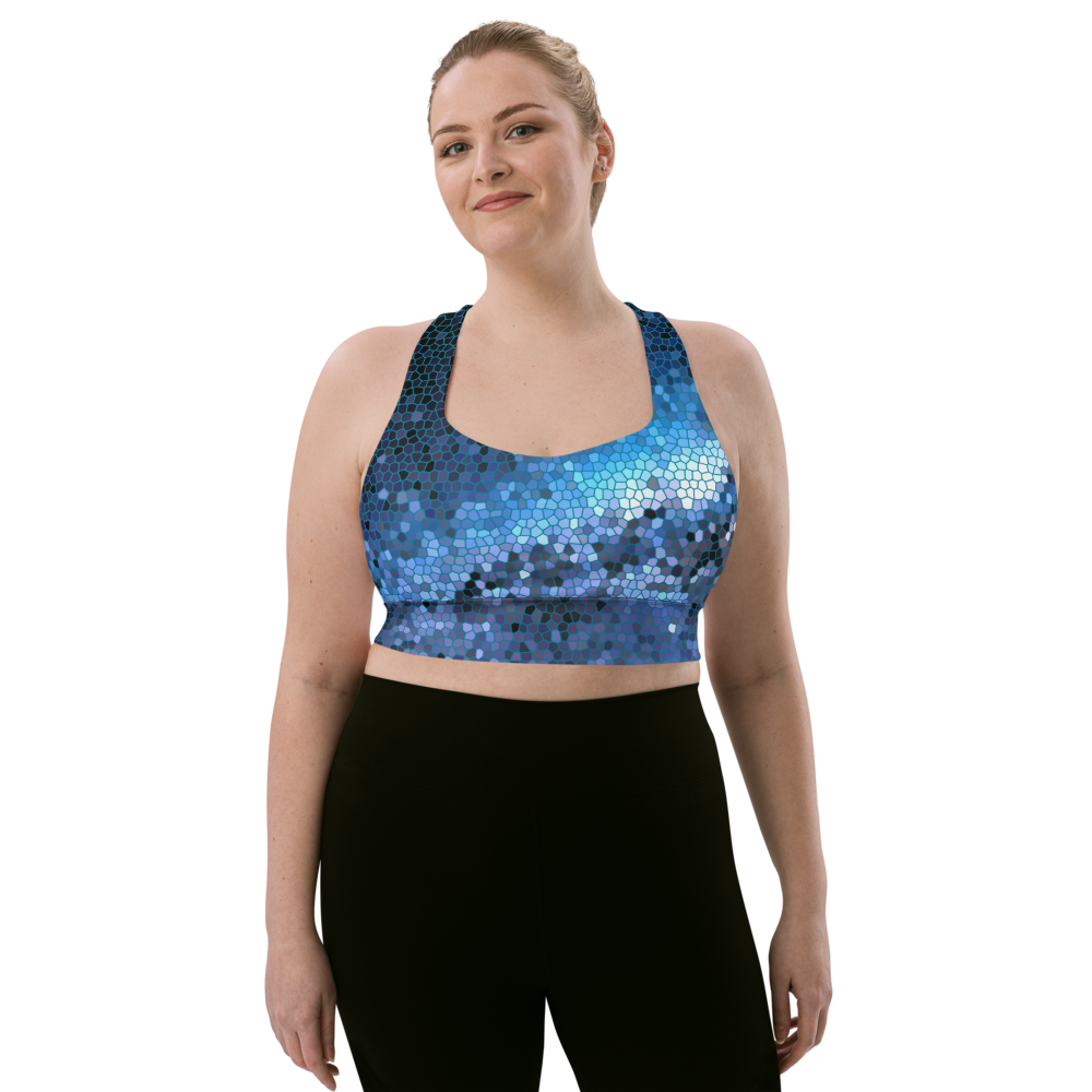 Unique Pixilated Milky Way Design Longline Sports Bra, Celestial Design Sports Bra by Productive Slacker