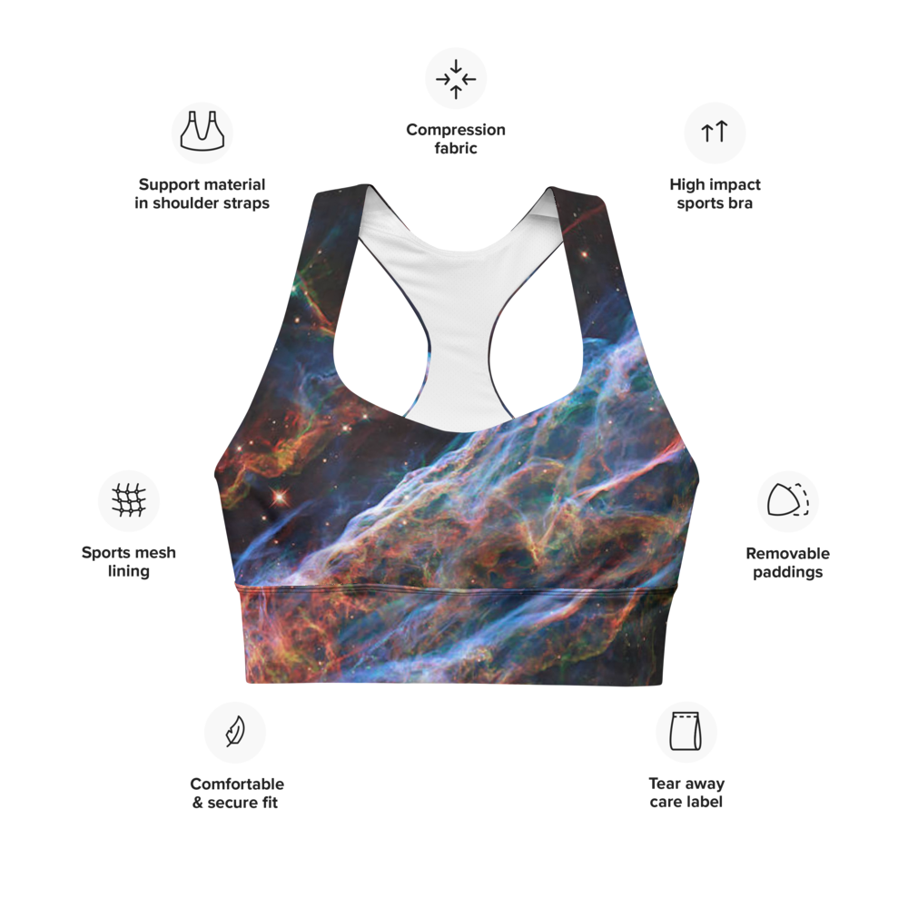 Stunning and Sexy Veil Nebula Longline Sports Bra, Celestial Design Sports Bra
